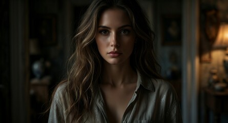 Fototapeta premium Mysterious woman with long dark hair in dimly lit, atmospheric interior setting.