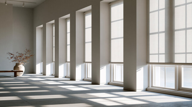 Bright modern interior with tall windows and sun shining through blinds onto the floor with a decorative vase in the corner