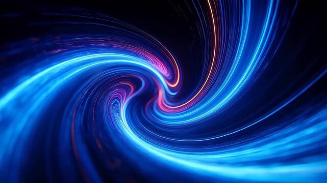 Abstract spiral vortex with purple blue orange light trails and dark background