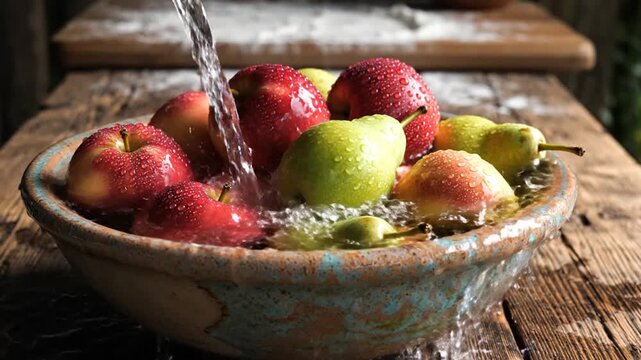 Fresh apples and pears being washed in rustic ceramic bowl