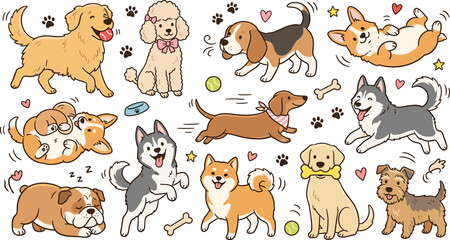 Cute Dog Breed Cartoon Character Vector Set with Playful Golden Retriever, Corgi, Husky, Poodle, Beagle, and Bulldog Stickers for Pet Lover Designs © Najir