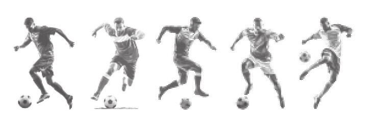 Fototapeta premium Abstract soccer player silhouette with halftone grunge effect texture for competition and sports marketing visuals