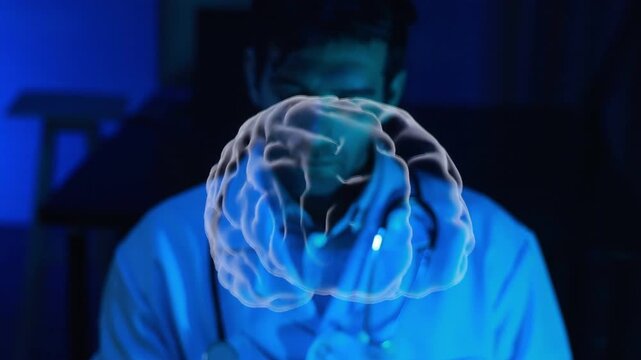 Human brain Virtual hologram. man Physician Examine Holographic Body Models. Medical technology and hospital care treatment. Nanoscale Diagnostics, Disease diagnosis and treatment technology
