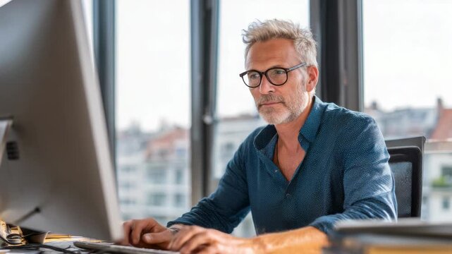 Man working at a desk in a modern office with a computer and large windows in a city building during daylight hours