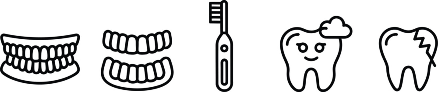 Dental care and oral hygiene outline vector line icon set featuring teeth dentures toothbrush cartoon character tooth and cracked molar.