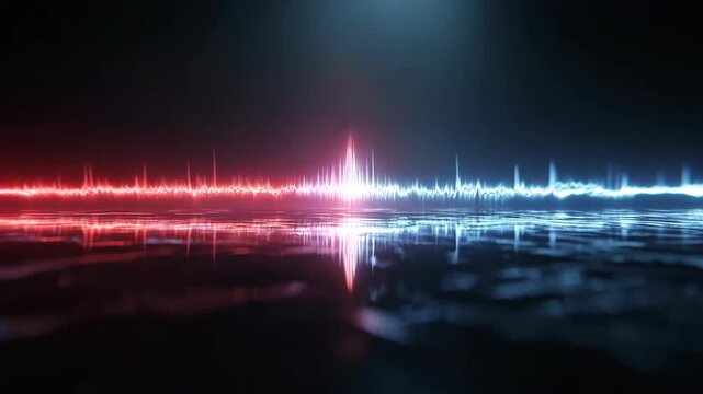 Futuristic abstract sound wave pulse animation with neon red and blue glowing frequency lines. Tech waveform reflection on dark surface for audio equalizer and cyber security.