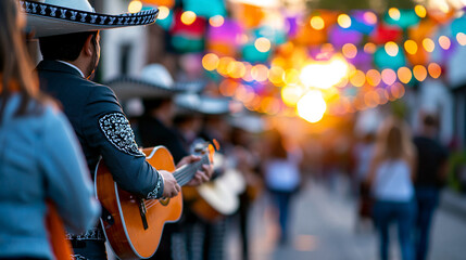 Naklejka premium Mariachi band performing and walking down a festive street adorned with colorful decorations at sunset, traditional cultural celebration, vibrant street music concept, faceless,