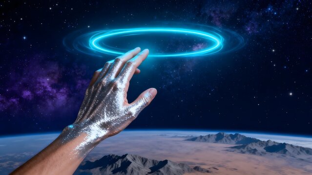 Hand reaching for glowing ring in space