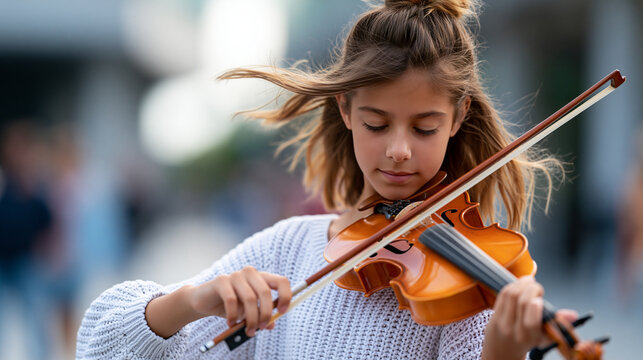 Young girl playing violin outdoors in an urban setting, teen busking with violin, youth street musician concept, defocused background, with copy space