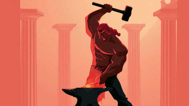An epic digital illustration depicting Hephaestus, the ancient Greek god of fire, metalworking, and craftsmanship, striking his anvil with a massive hammer in a temple with tall pillars.