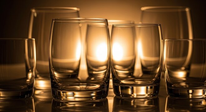 Elegant Arrangement of Empty Drinking Glasses Illuminated with Warm Lighting.