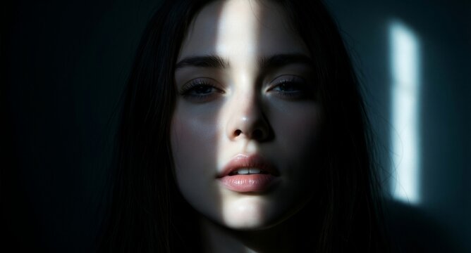 Mysterious Woman in Dramatic Light: High-Contrast Portrait with Soft Glow and Shadow Play