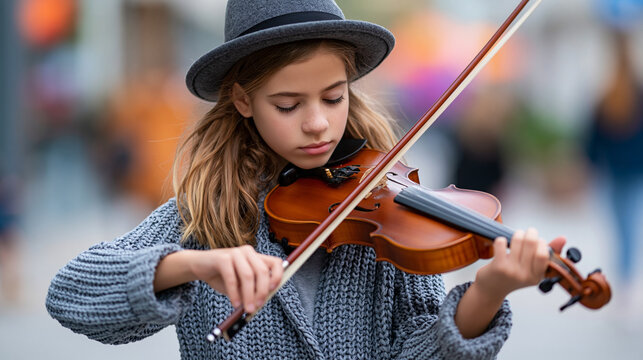 Young girl playing violin while busking on a city street, talented youth musician, street performance and urban culture concept, defocused background, with copy space