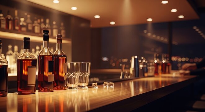 Elegant Bar Scene with Bottles, Glasses, and Warm Lighting.