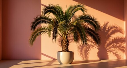 Fototapeta premium Palm tree in white pot casting dramatic shadow against warm-toned minimalist wall, bathed in golden sunlight.