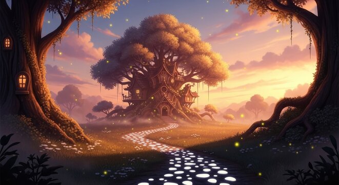 Enchanting Fantasy Landscape - Majestic Tree and Scenic Path at Sunset.