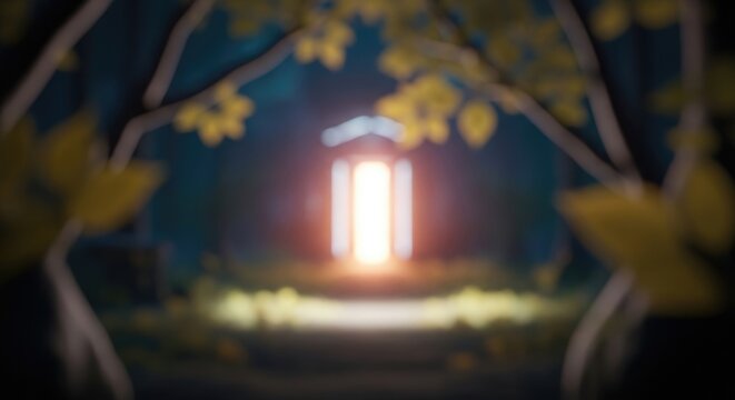 Enchanting Lantern Illuminates Path in Mysterious Forest Scene.