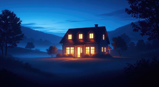 Enchanting Illuminated House Amidst Misty Landscape at Dusk, Serene and Peaceful.