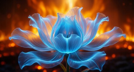 Obraz premium Blue Glowing Lotus Flower Against Fiery Background - Surreal Digital Art for Spiritual and Fantasy Themes