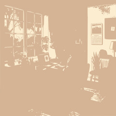 Fototapeta premium Cozy home office workspace with laptop and plants, natural light through window.