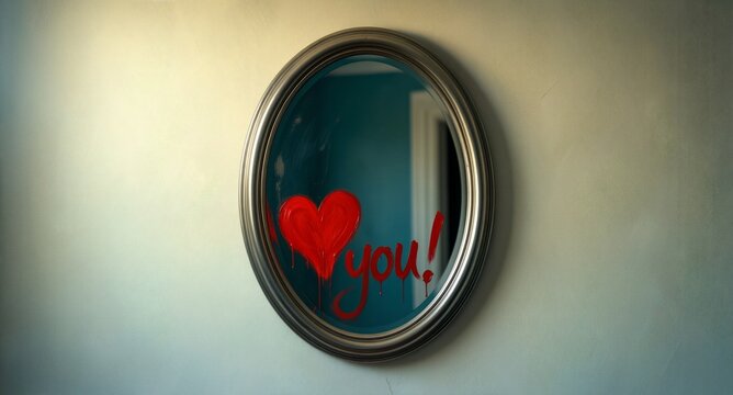 Romantic "love you!" message painted in red on a cracked oval mirror mounted on a textured wall.