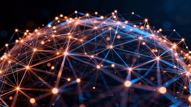 Orange and blue spherical network structure with connected points on dark background