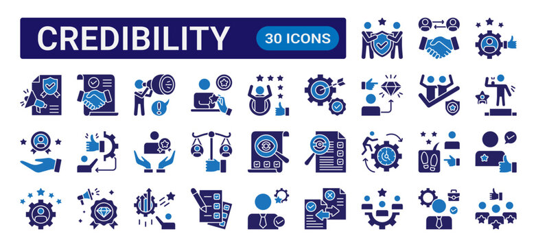 Credibility glyph icon set with dual color style featuring trust, reputation, verification, professionalism, leadership, teamwork, and business credibility concepts