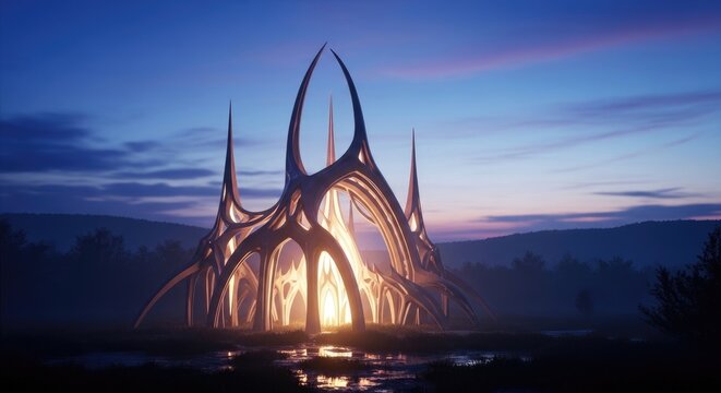 Futuristic Architectural Marvel Illuminated Against the Twilight Sky.