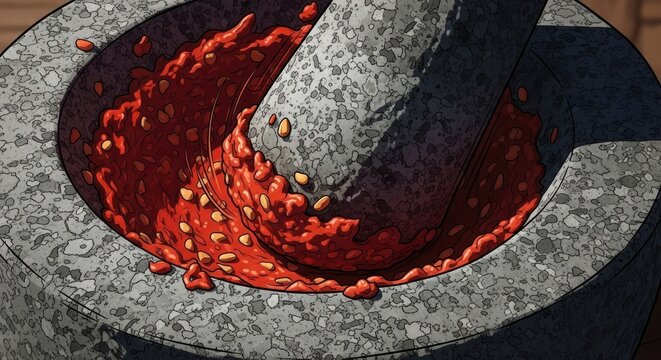 Grinding Chili Peppers in a Mortar.