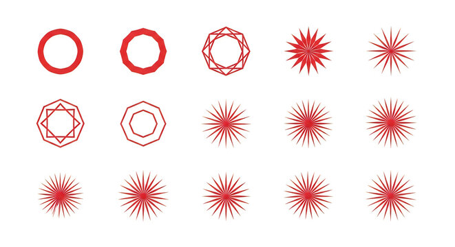 A collection of circular ornaments with red borders featuring symmetrical patterns and radial designs including sun motifs, snowflakes, stars, and geometric shapes in red and white