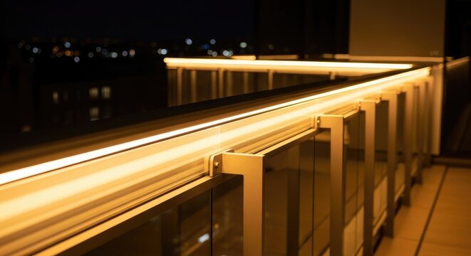Illuminated Balcony Railing at Night with City Lights in Background.