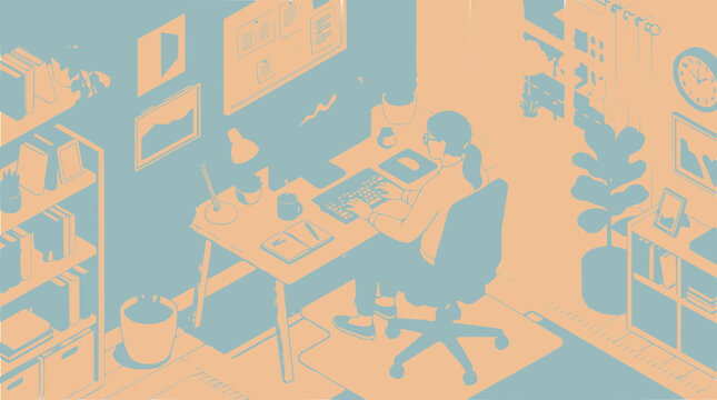 Woman working at desk with computer in cozy home office, isometric illustration
