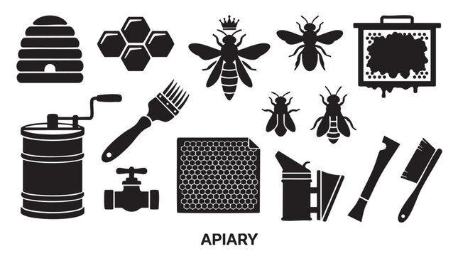 Apiary equipment and bees collection including hive honeycomb smoker and beekeeper tools.