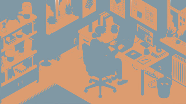 Person working at computer in a modern home office with plants and shelves.