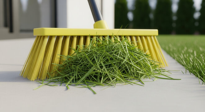 Yellow garden broom with freshly mowed lawn clippings on concrete patio, spring cleaning and yard work