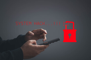 person using smartphone with system hack alert and unlocked padlock icon, cybersecurity breach, mobile data security risk, hacking attack, digital privacy threat and online protection awareness © Bordinthorn