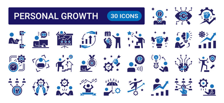 Personal growth glyph icon set with dual color style featuring self improvement, motivation, learning, productivity, leadership, achievement, and personal development concepts