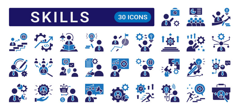 Skills glyph icon set with dual color style featuring expertise, learning, leadership, teamwork, productivity, career development, and professional skill concepts