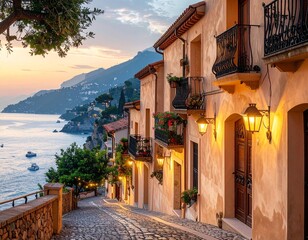 Fototapeta premium Mediterranean coastal hill town with earth-toned stucco villas, red clay tile roofs, and narrow cobblestone alleys at twilight. Warm lantern lighting, 8k photorealistic architectural photography.