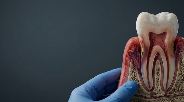 Anatomical cross section model of a human molar tooth showing periodontal pocket and gum inflammation held by gloved hand