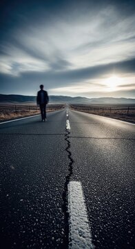 Lone Figure Walking Down a Long Road Towards the Horizon at Sunset.