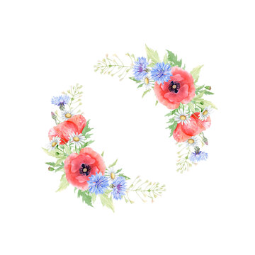 Watercolor round wreath floral with bright red poppies, blue cornflowers and daisies illustration. Elegant wildflowers and herbs sticker template with copy space. Hand drawn botanical frame clipart.