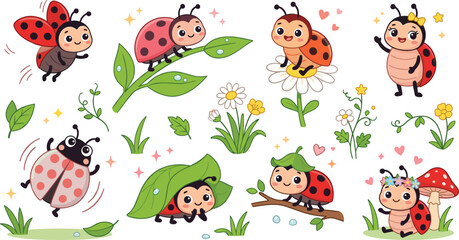 Fototapeta premium Cute Ladybug Cartoon Character Vector Sticker Set with Playful Smiling Insects on Leaves, Flowers, and Mushrooms for Kids Garden Design Elements