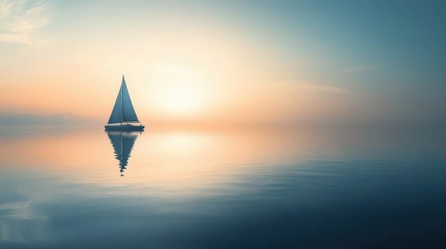 Solitary sailboat glides across a calm ocean during a serene sunset.