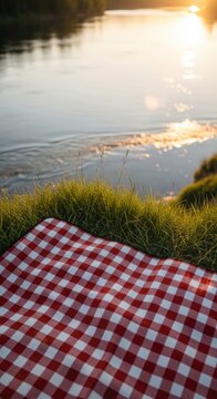 Picnic Blanket by the River at Sunset.