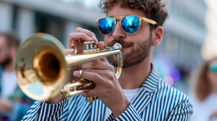 Fototapeta premium Street musician playing trumpet with sunglasses during a lively city parade, brass instrument performance, festive urban atmosphere, defocused background, with copy space
