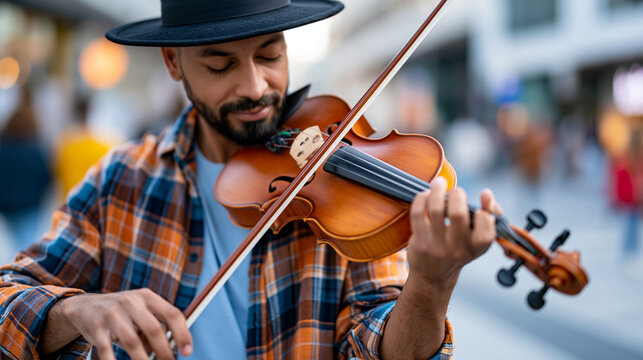 Street musician immersed in violin melody performing joyfully in an urban setting, busking culture, city live performance concept, defocused street background, with copy space