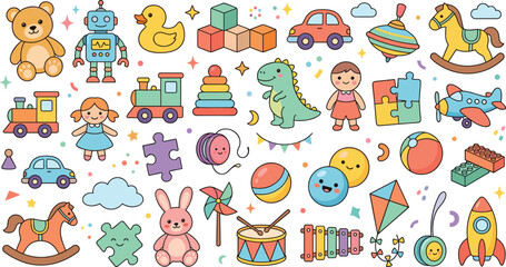 Fototapeta premium Cute Kids Toy Cartoon Character Vector Set with Teddy Bear, Robot, Toy Train, Dinosaur, Dolls, and Blocks for Nursery Graphic Elements