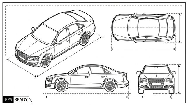 Detailed technical drawing of a car.