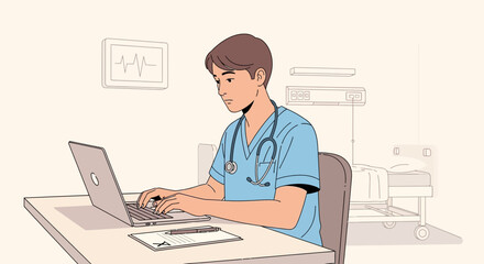 Fototapeta premium Doctor working on laptop in hospital room with patient bed and monitor